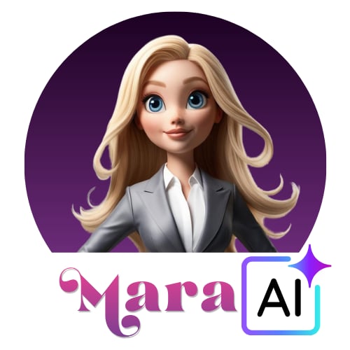Mara AI logo featuring an animated blonde woman in business attire against a purple circular background with stylized text
