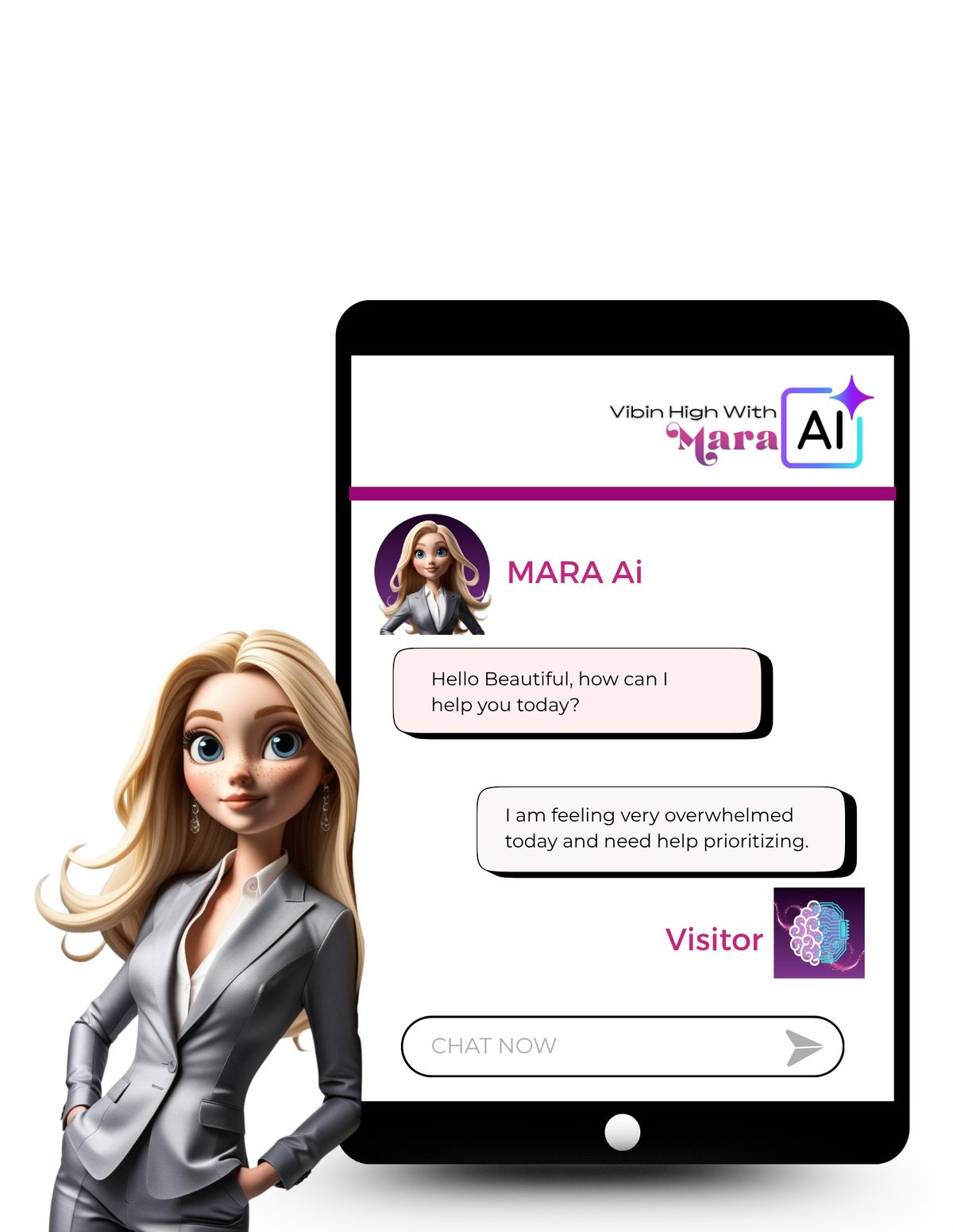 Animated businesswoman standing next to a smartphone displaying MARA AI chatbot interface with messaging conversation