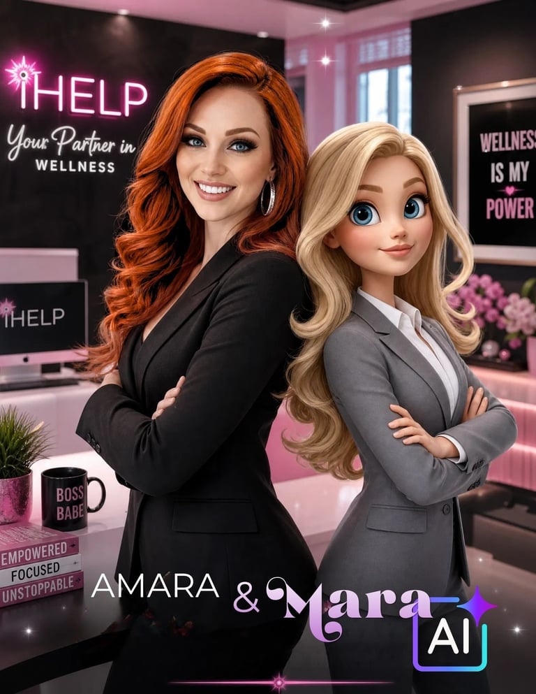 Professional woman and animated character posing in modern wellness office with motivational signage and pink decor