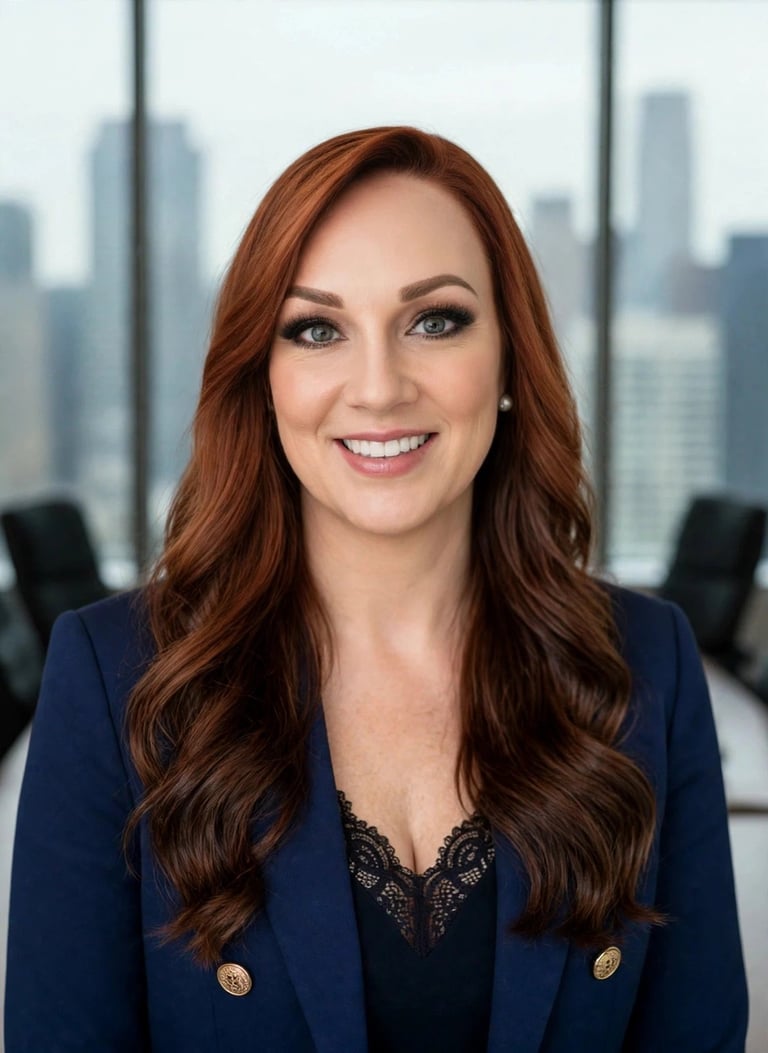 Professional headshot of a smiling woman with long auburn hair wearing a dark blazer in an office setting with city skyline visible through windows behind her