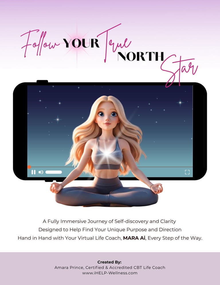 Phone screen showing animated woman in lotus pose with starry background. Text reads Follow Your True North Star with description of self-discovery journey and virtual life coaching program.